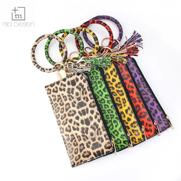 

Keychain Wristlet Bangle Key Holder Large Round Keyring Pu leather Leopard Print Stripe Bracelet for Women Girls with Wallet