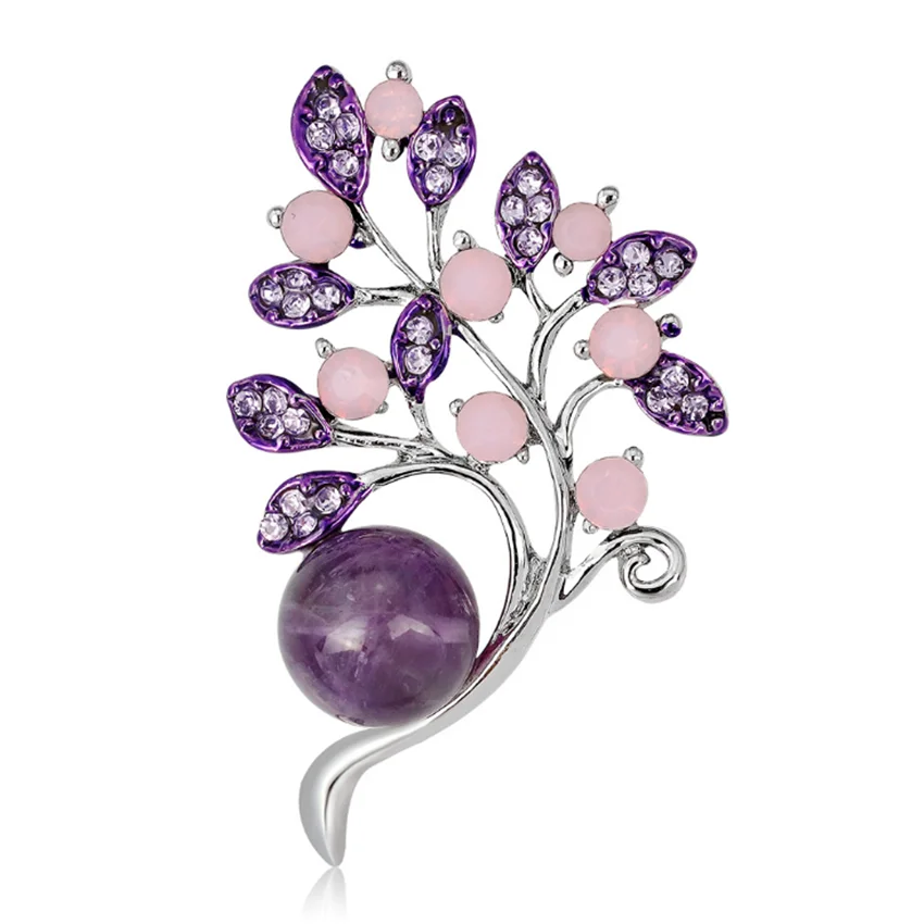 FYJS уникальный посеребренный сплав аметисты круглый шарик лист цветок брошь с