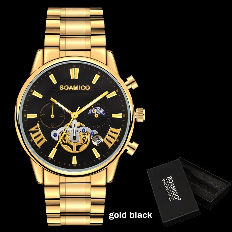 F933A gold black box BOAMIGO, мужские часы, Лидирующий бренд, Роскошные, водонепроницаемые, под платье, кварцевые, деловые, мужские часы, часы, повседневные, механические, турбийон, спортивные часы - Цвет: F933A gold black box