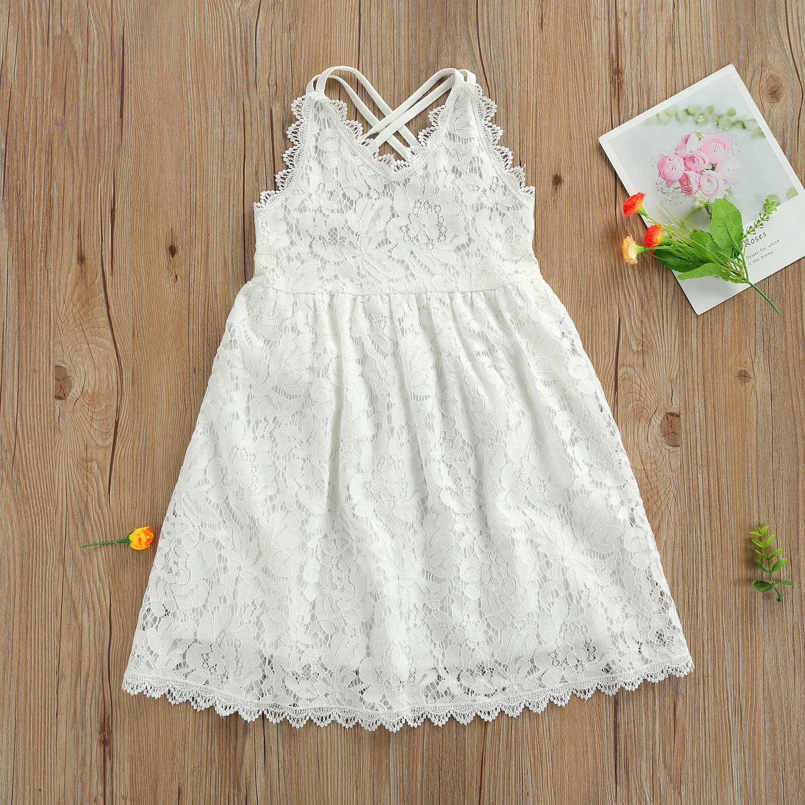 

2-7Y Summer Princess Kids Girls Lace Dress Flowers Printed Strap Sleeveless V Neck Bandage A-Line Dress