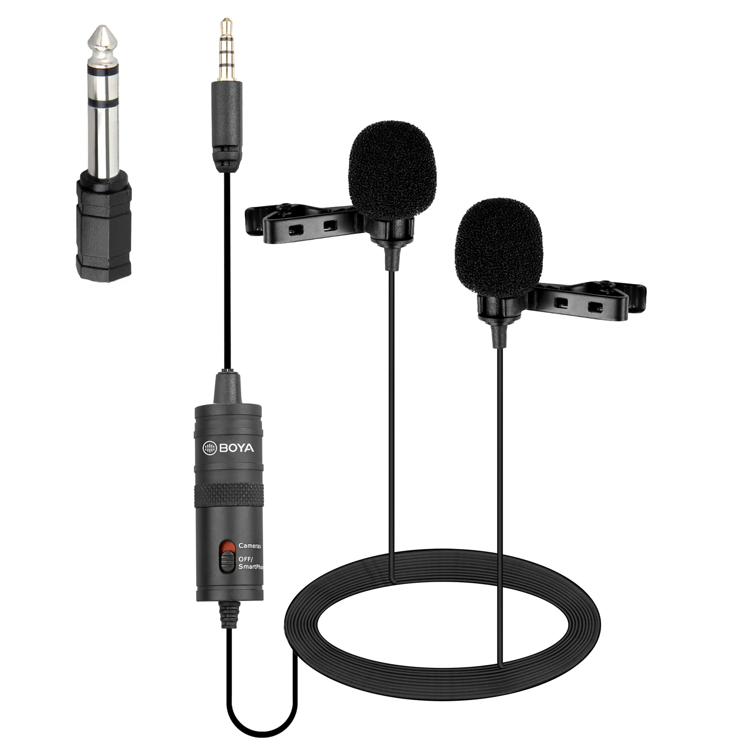 

Петличный микрофон BOYA BY-M1DM 4 м с двумя головками, с креплением на лацкан и стереоразъемом 1/8 дюйма для цифровой зеркальной камеры, устройства ...