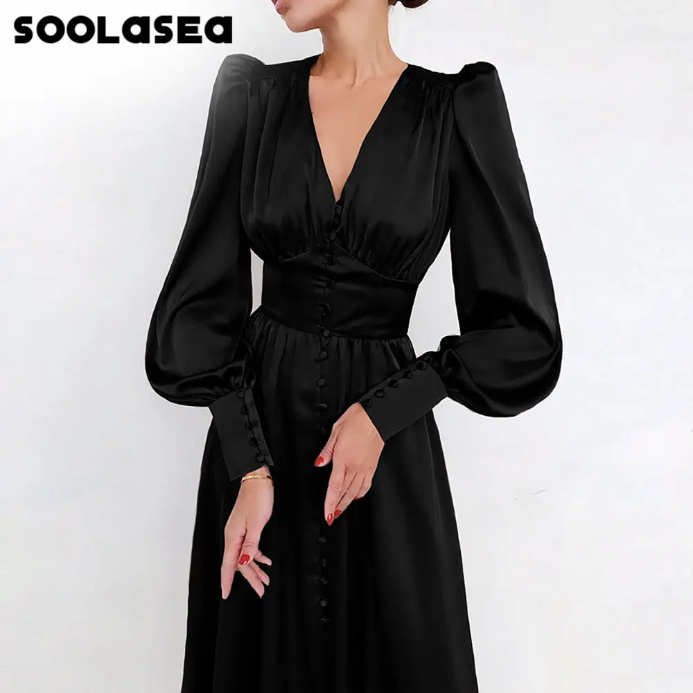 

Женское атласное платье-трапеция Soolasea, однотонное винтажное длинное платье с длинным рукавом, V-образным вырезом и пуговицами