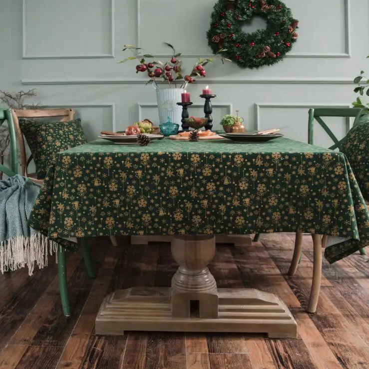 

1PC Christmas Foil Printed Tablecloth Linen and Cotton Rectangular Table Cloth Home Hotel Textile Festival Decor Green Red White