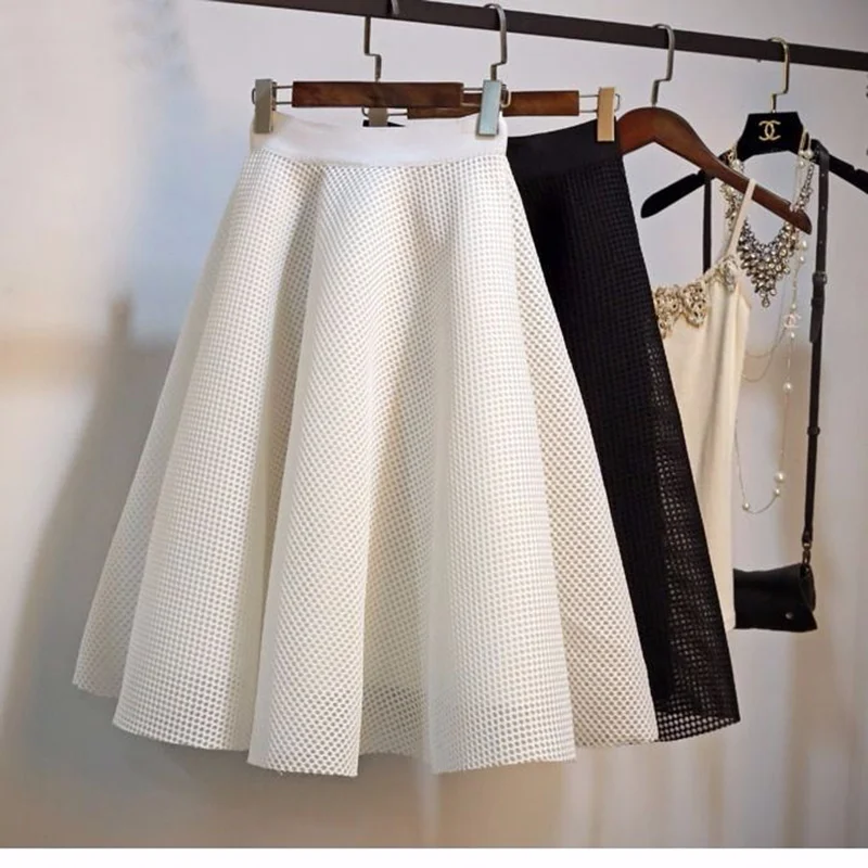 

2020 Spring Summer Korea Fashion Women High Waist A-line Knee-length Skirts Plaid Hollow Out Mesh Swing Skirts Plus Size S994