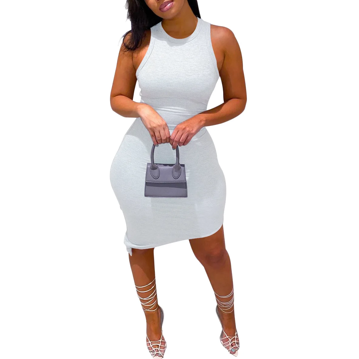 

Casual Women Dress O-neck Bodycon Irregular Knit Ribbed Skinny Streetwear Summer Clothes For Women Outfit