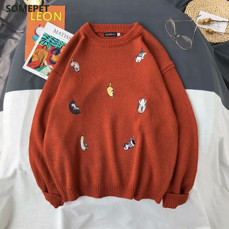 

Winter Women's New Embroidered Sweater Casual Fashion Large Size Loose Korean Sweet Chic Tops Knitted O-neck Flower Sweater