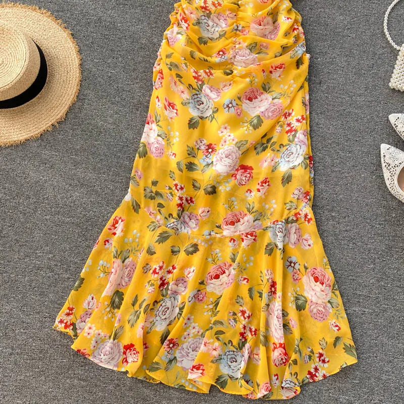 

Mermaid Dresses Female Short Sleeve High Waist Vestidos Fall 2020 Boho Chic Women Floral Long Dress Sexy V-Neck Draped Chiffon
