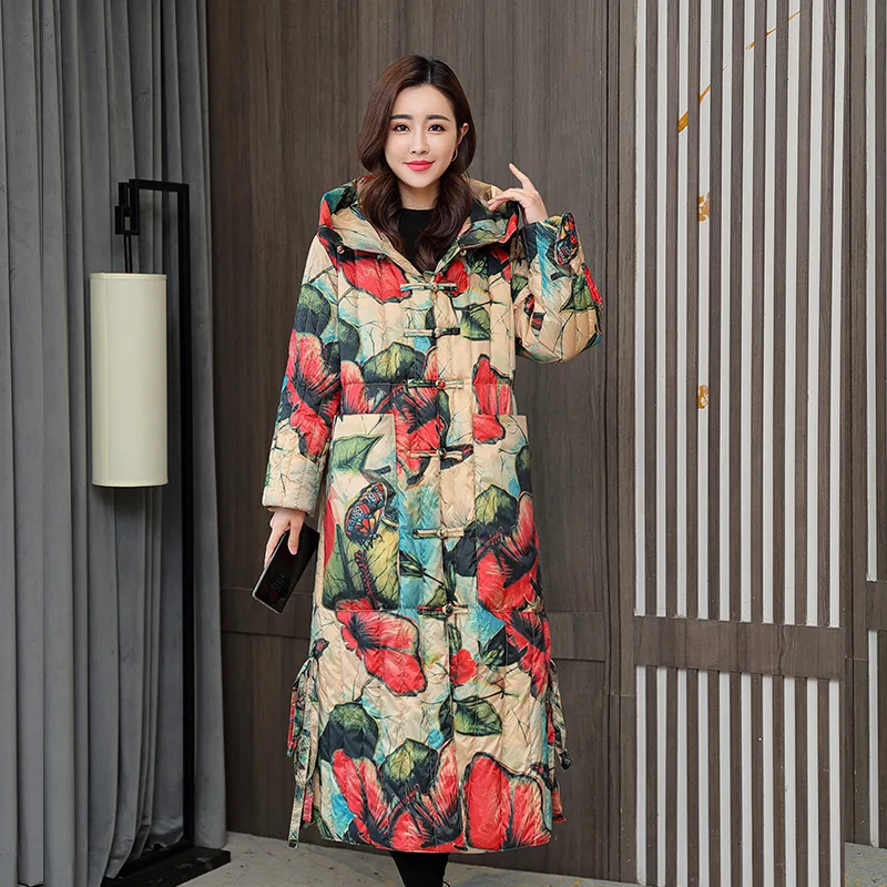 Parka winter padded women 2022 new over knee thickened large Korean slim down padded jacket printed cold 905
