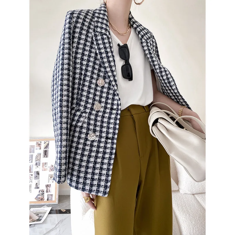 

Double Breasted Plaid Suit Jacket 2021 Autumn New Waist-Tight Woolen Top