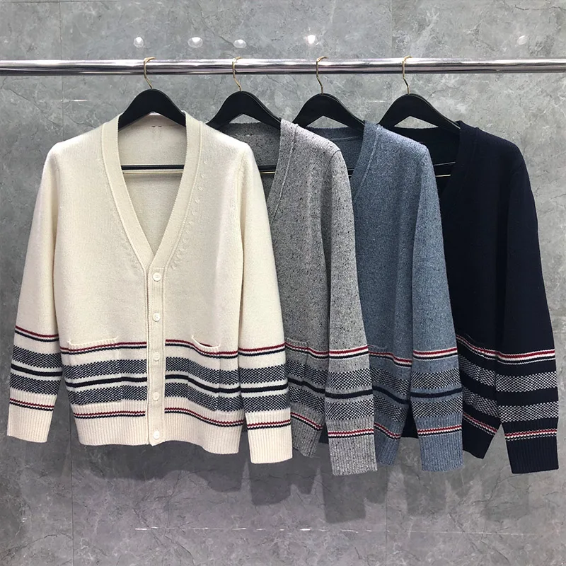 TB THOM Men's Sweater Harajuku Knitted Cardigan Korean Version of V-neck Hem Striped Top Luxury Brand Outside Women's TB Coat