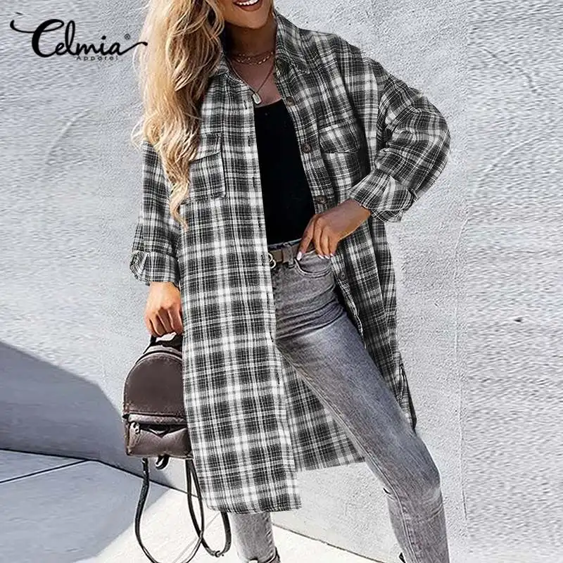 

Fashion Women's Plaid Shirts Celmia 2022 Autumn Lapel Long Sleeve Pockets Long Overshirts Casual Loose Split Hem Street Tops