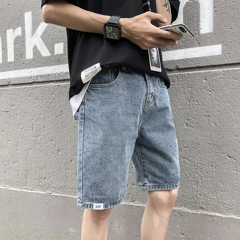 

Summer Hong Kong fashion pure color cropped pants Korean style all-match straight pants fashion brand loose ins denim shorts men
