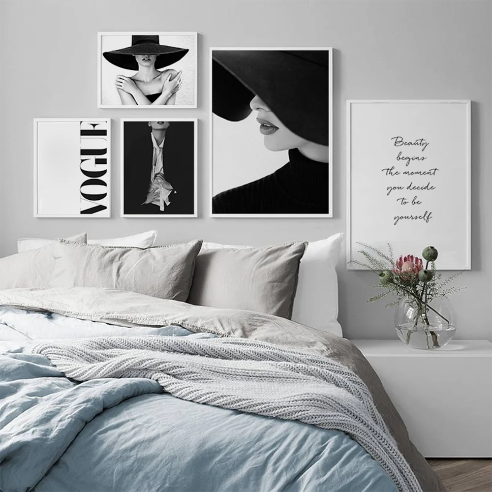 

Black White Vogue Girl Pictures for Living Room Home Decor Fashion Woman Poster and Print Quotes Wall Art Canvas Painting