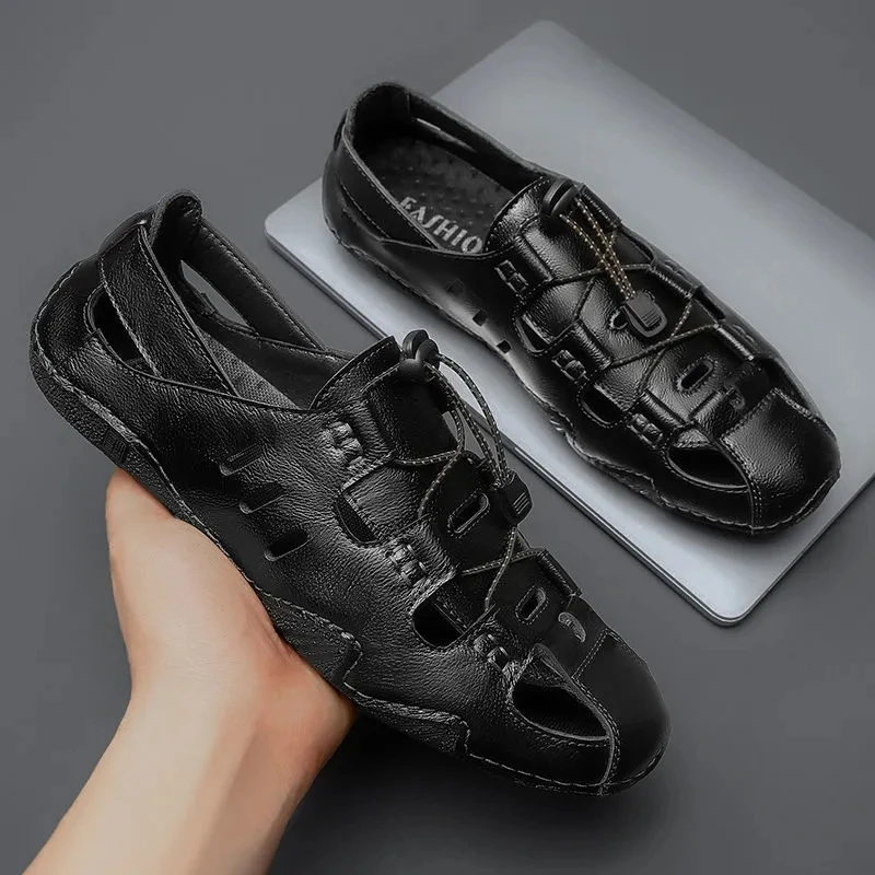 

Мужские сандалии, кожаные, Нескользящие, с перфорацией, мягкая подошва, летняя обувь для отдыха