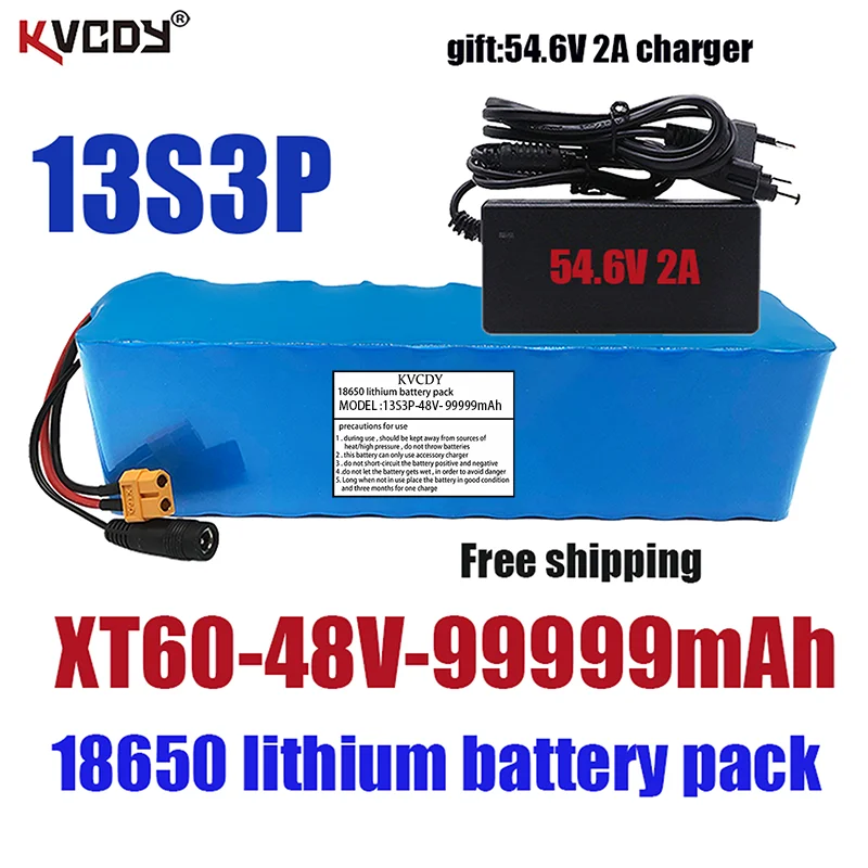 

new 13s3p XT60 48V 99.999ah 1000W Li ion battery pack for 54.6V E-bike scooter with BMS + charger