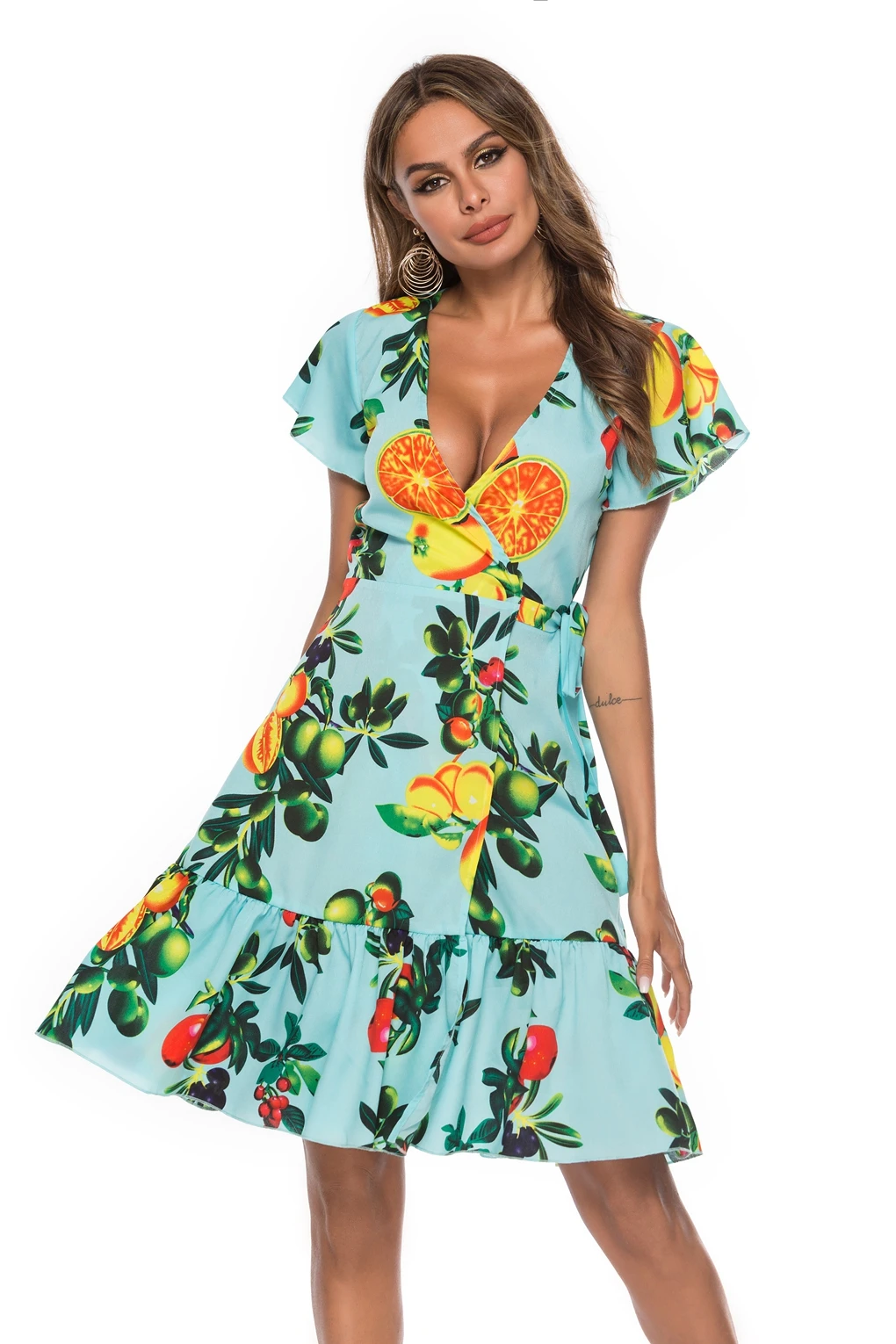 Женское пляжное платье с принтом глубоким V образным вырезом и коротким