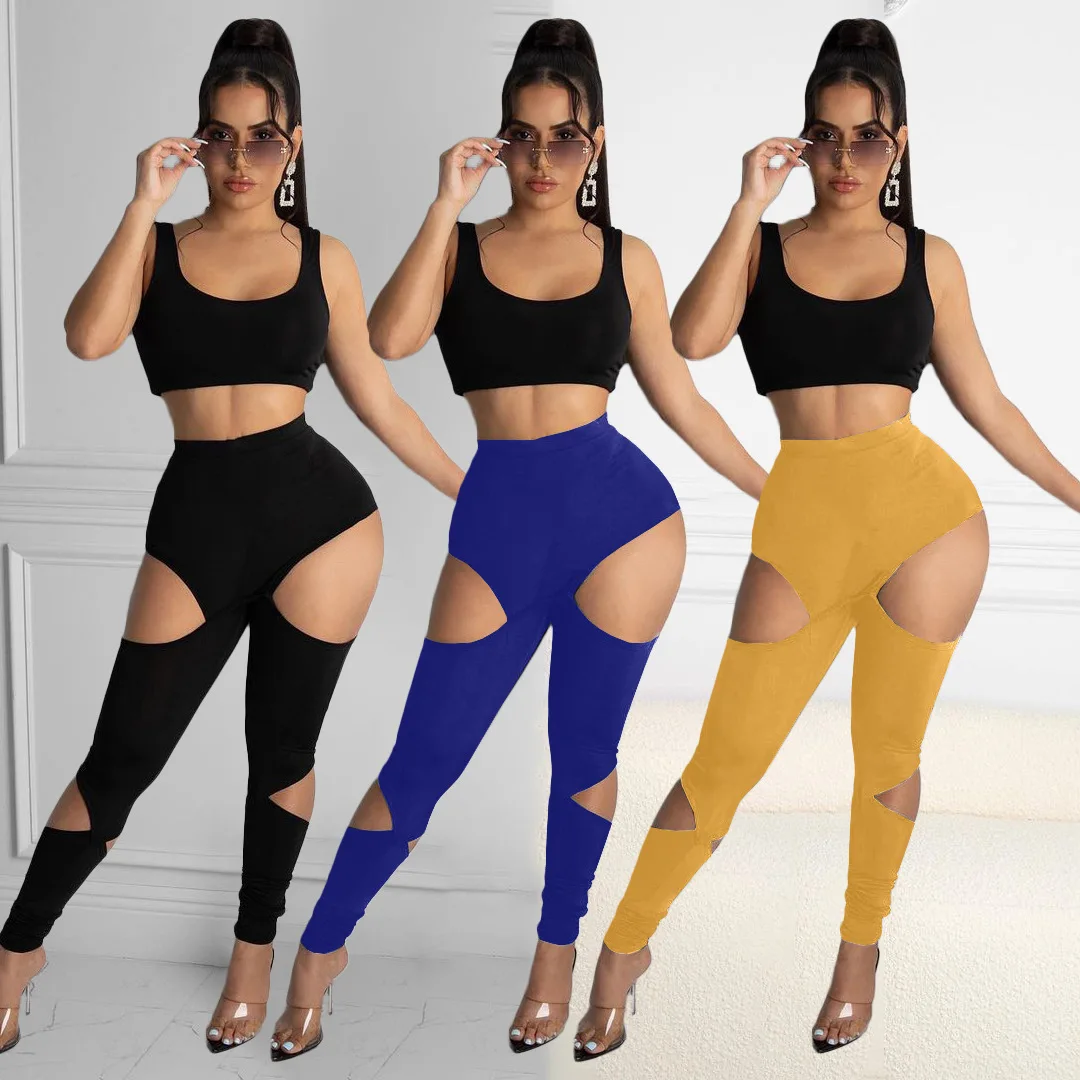 

Women's casual pants fashion personality casual sports mid-waist solid color hole small feet trousers ladies street wear
