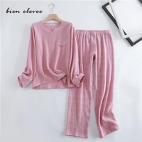women cotton pajamas sets water washed cotton sleepwear quality crepe yarn home suits pure color lounge wear indoor clothe pink