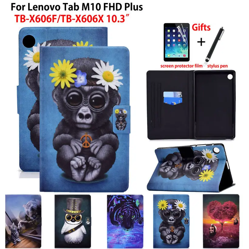 

Чехол для Lenovo Tab M10 FHD Plus 10,3 ТБ X606F TB-X606X 2020 Cover Funda Coque Auto Wake Kids Animal Painted Stand Shell + Gift