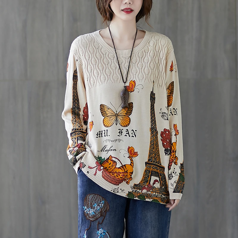 Джемпер женский с принтом башни и кота повседневный трикотажный пуловер длинным