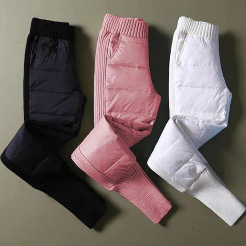 Зимние теплые брюки на утином пуху для женщин высокая талия эластичная