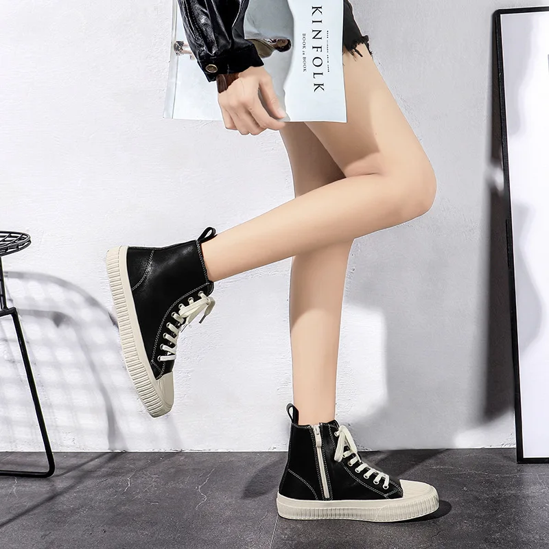 

Swyivy Genuine Leather Sneakers Women High Top Shoes White Leather Casual Shoes Female 2021 Spring Women White Sneakers Flats