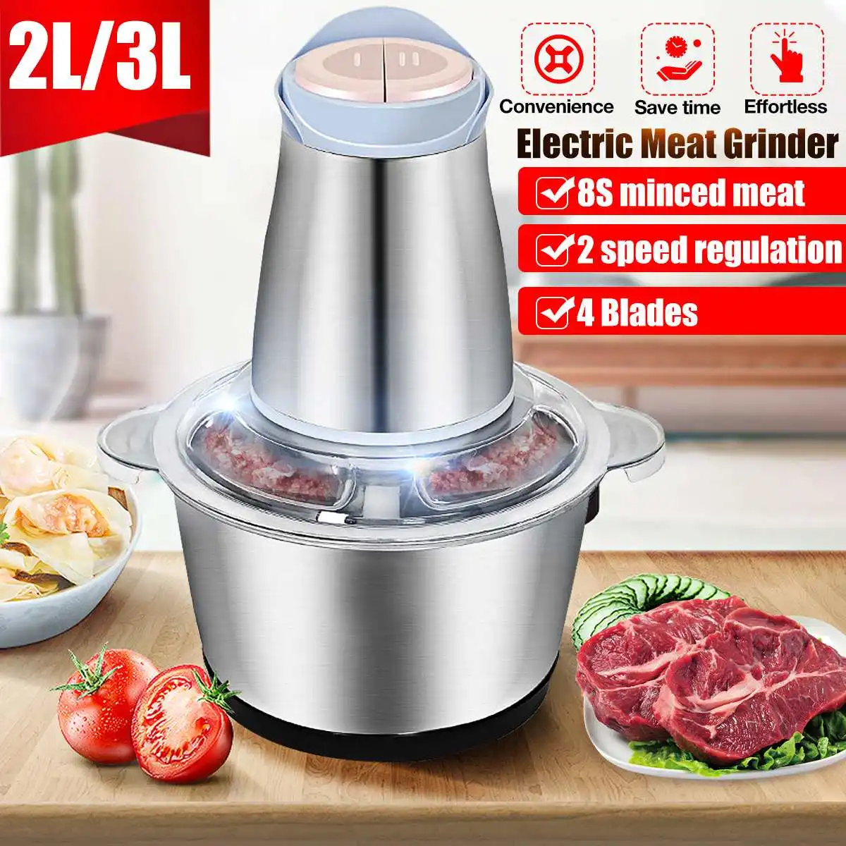 

2 Speed Stainless Steel 3L Electric Chopper Meat Grinder Mincer Food Processor Slicer Vegetable Food Chopper Meat Slicer Machine