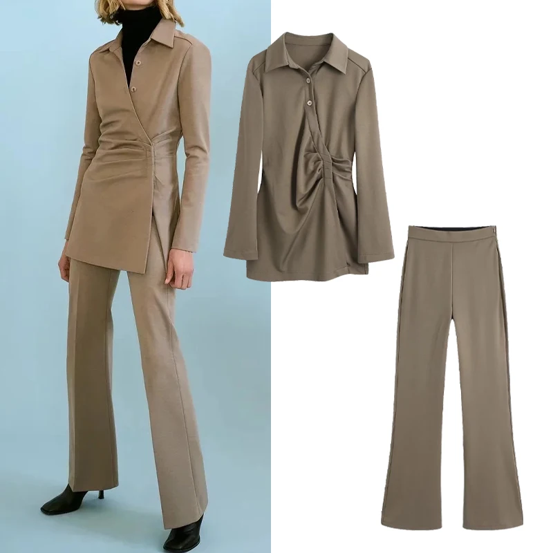 

Женский костюм с плиссированной юбкой Za, жакет с V-образным вырезом и длинными рукавами, прямые брюки клеш, шикарный костюм, осень 2021