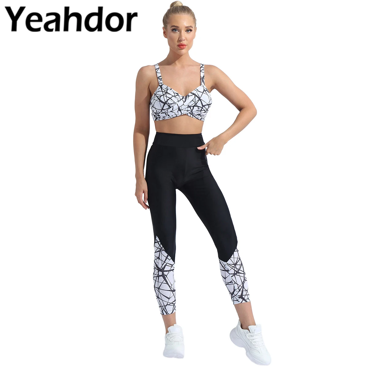 

Womens Sport Suit Sportwear Yoga Fitness Sports Outfit Casual Wear Sleeveless Knotted V-Neck Print Padded Tops with Leggings Set