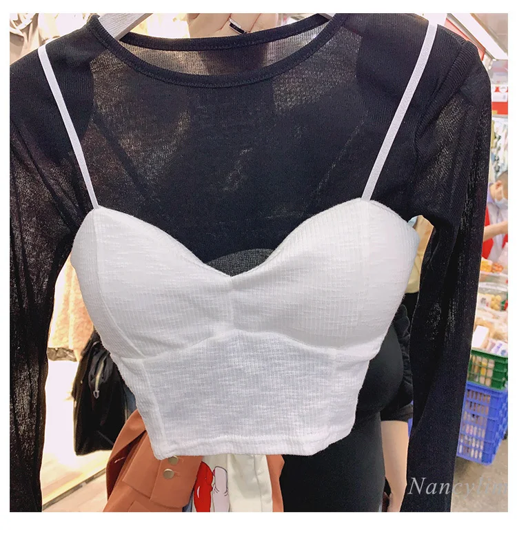 

Woman Summer Long Sleeve T-shirt Round Neck Bottoming Shirts Slim Strap Outer Match Short Elegant Top Two Piece
