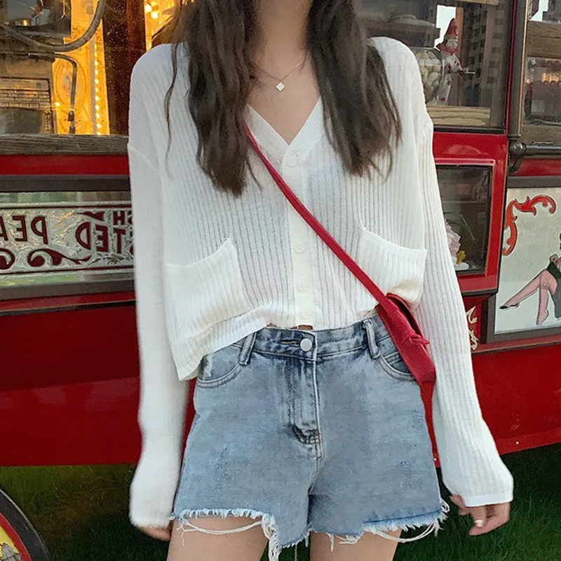 Женский вязаный Повседневный Кардиган с длинным рукавом тонкий свитер v-образным
