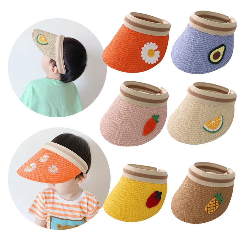 

New Children Straw Hat Summer Newborn Baby Sun UV Protection Cap Kawaii Embroidery Daisy Fruit Empty Top Large Eaves Sun Hat