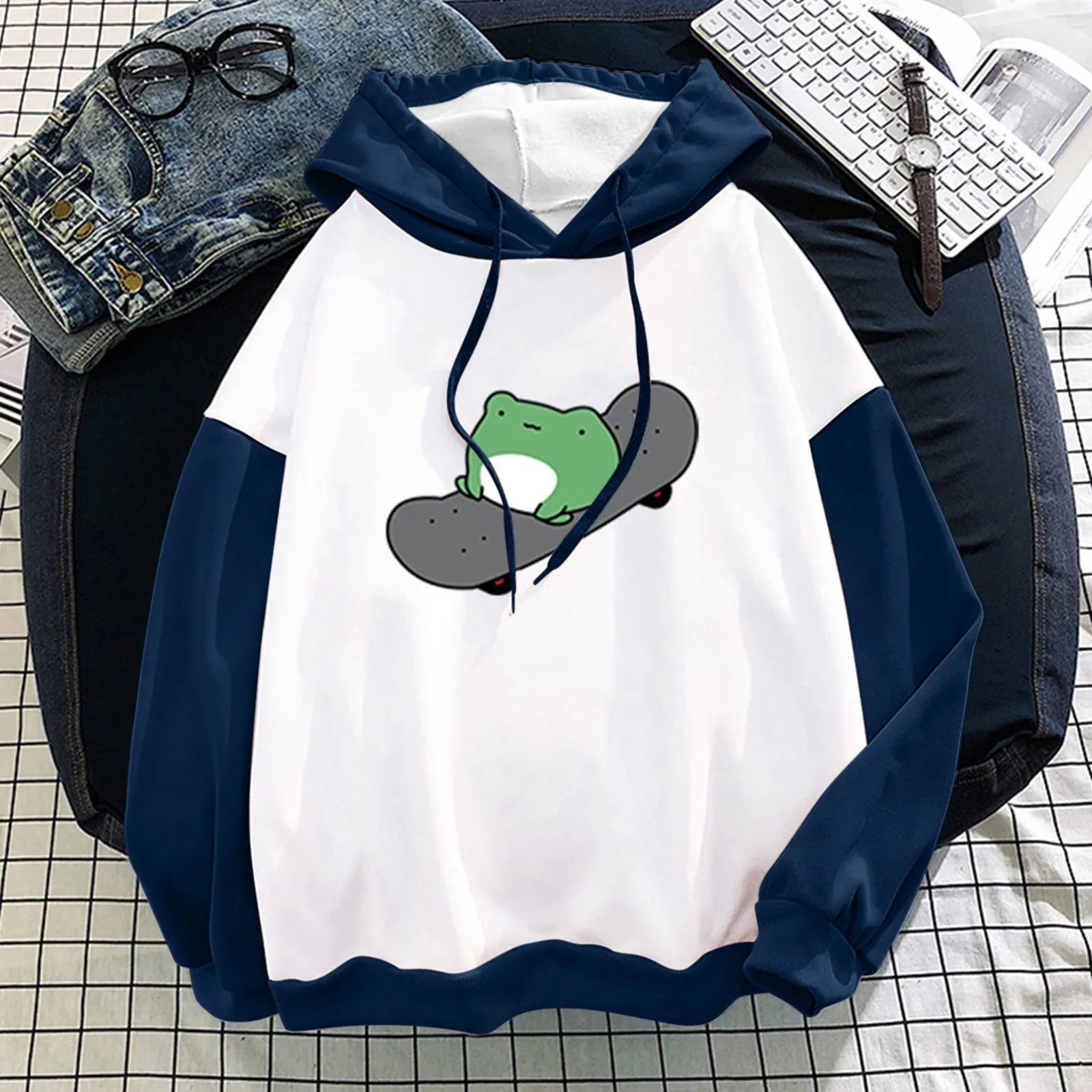 Kawaii Frog Hoodies Women Oversized 2021 Fashion Stitching Cute Plus Velvet Long-Sleeve Hooded Sweatshirt Top Harajuku Sudaderas