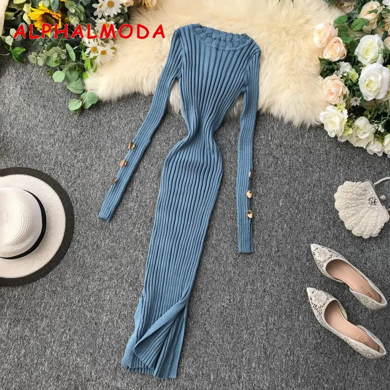 ALPHALMODA французское платье Популярные пуговицы рукав пуловеры туника платье вязаный свитер платье сплошное v-образным вырезом сексуальное платье шаг