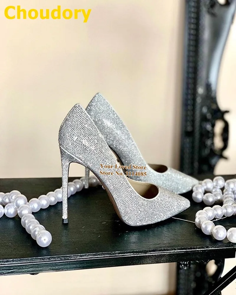 Choudory/Серебристые блестящие свадебные туфли на высоком каблуке с острым носком