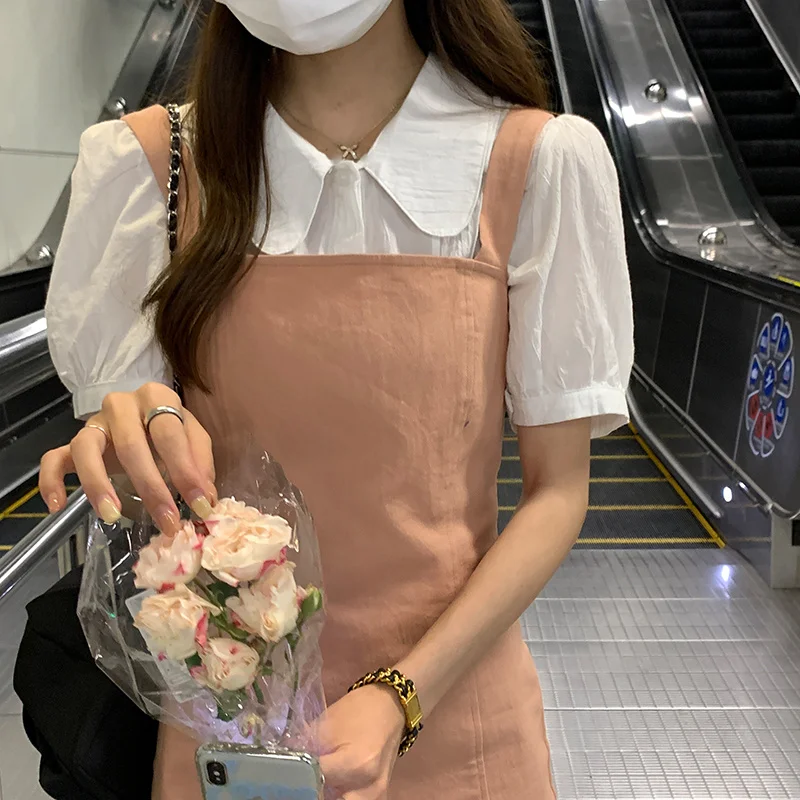 Женская шифоновая блузка с коротким рукавом белая Свободная в Корейском стиле