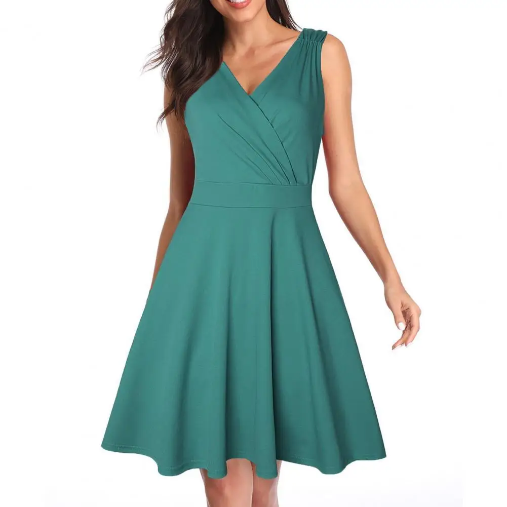 

Vintage Women A Line Dress Summer High Waist Loose Hem V Neck Sleeveless Solid Color Ladies Dresses