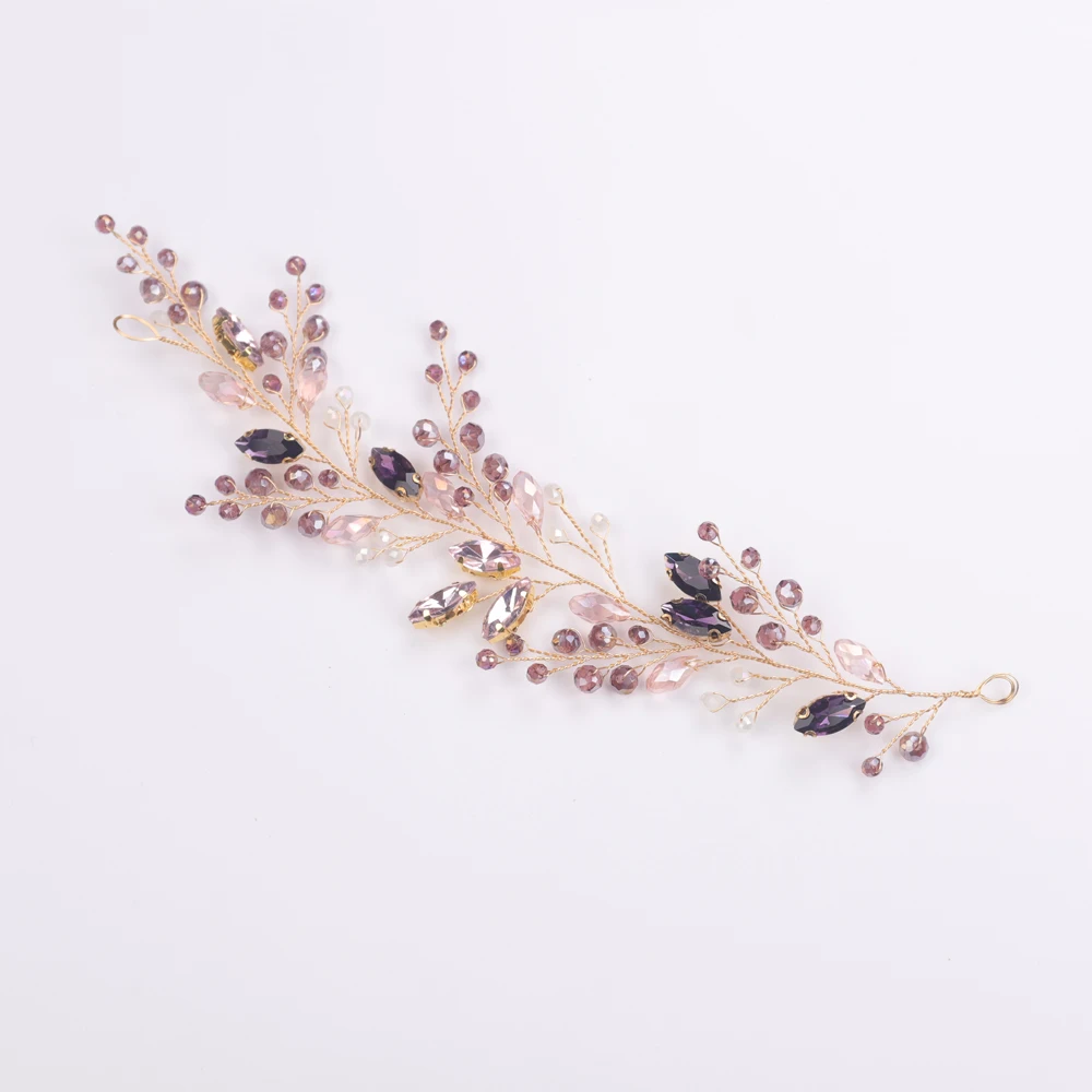 Свадебная повязка на голову с кристаллами фиолетовые стразы золотистая розовыми