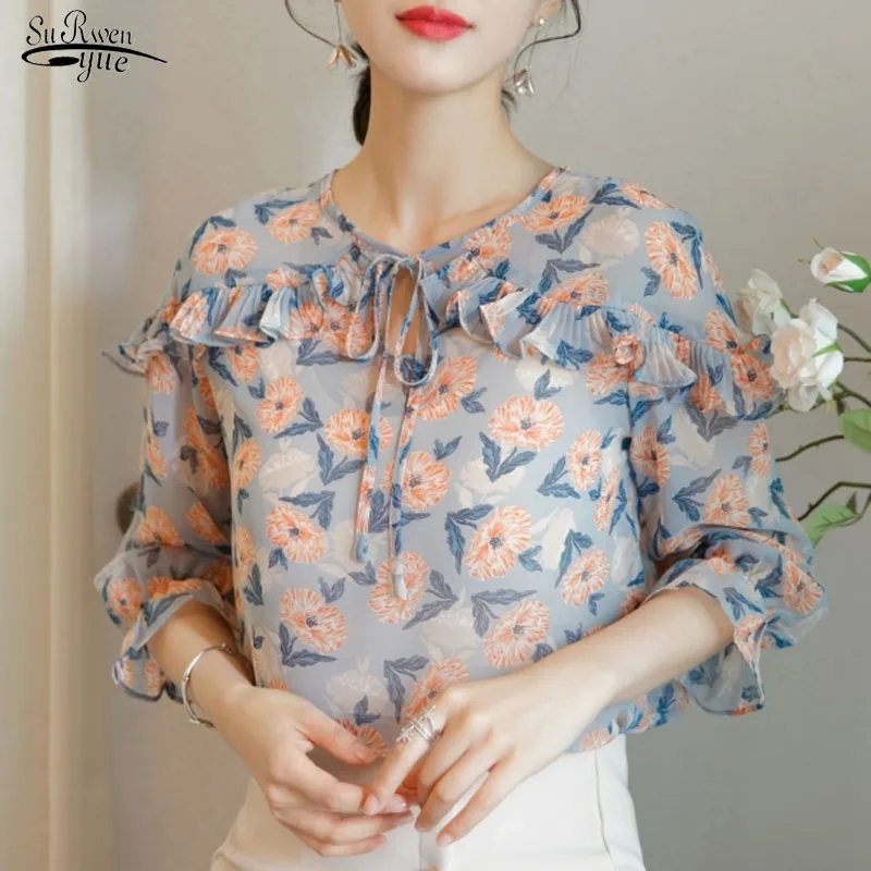

Blusas Womens Tops and Blouses 2021 V-neck Half Chiffon Blouse Shirt Women Floral Off-the-shoulder Bow Chic Lady Clothing 2742