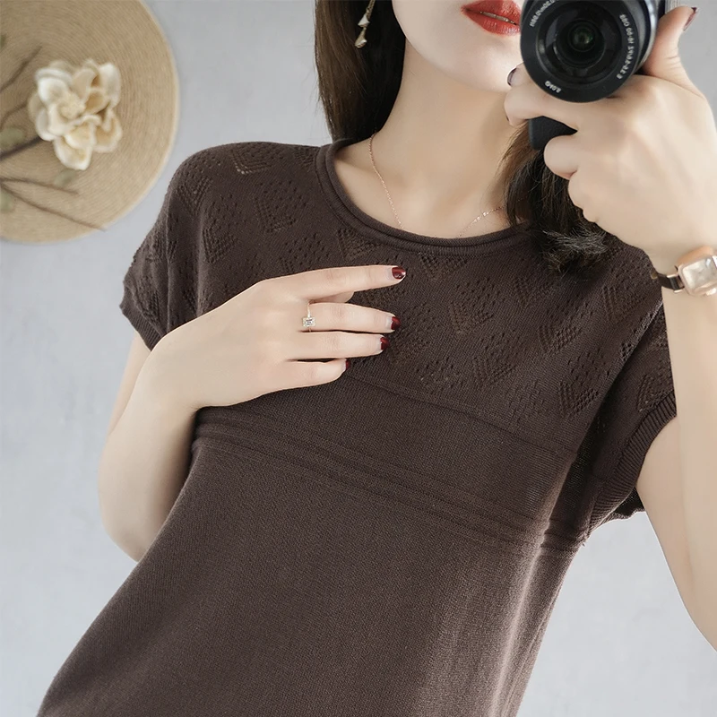 

2021 Summer New Style Pure Cotton T-Shirt Office Lady Knitted Sweater Short Sleeved Women's O Neck Pullovers Plus Size Top Tees