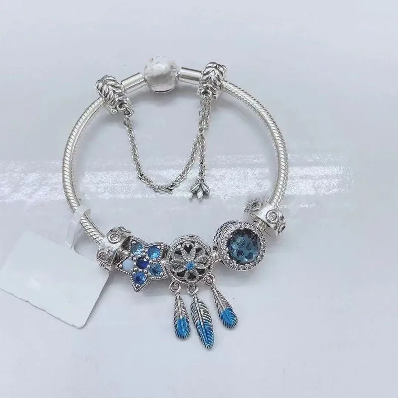 

Hot Sale 925 Sterling Silver Blue Shadow Catching Charm With Classic Round Bracelet Suitable For Women's Party Gift Diy Jewelry