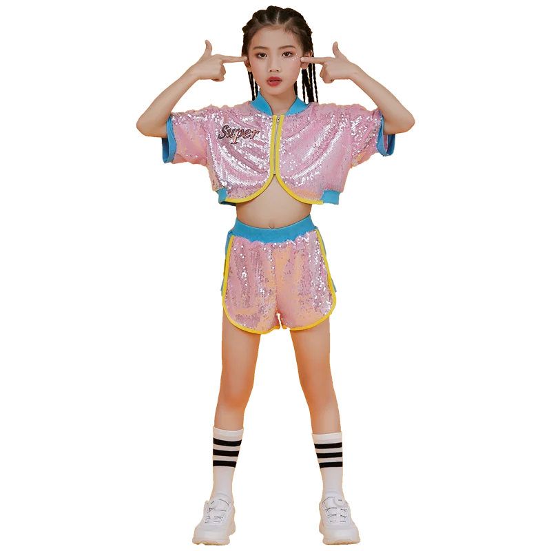 

New Children'S Jazz Dance Costumes Girls Street Dancing Clothes Pink Sequins Hip Hop Suit Modern Stage Performance Wear