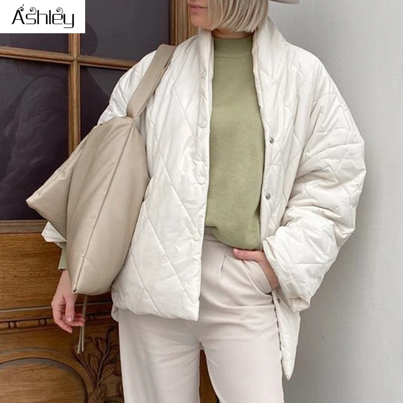 

Ashley Warm white autumn winter female parka Causal v-neck long sleeve cotton padded coat High street fashion women short parka
