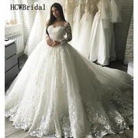 gorgeous lace princess dubai wedding dresses long sleeves sweep train luxury puffy tulle bridal gowns custom made robe de mariee