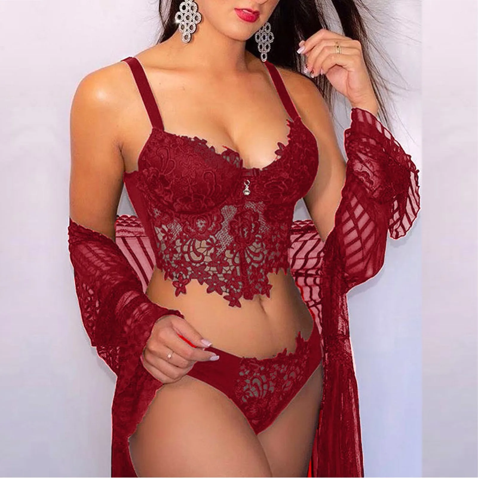 

Lingerie Set For Women Sexy Embroidery Lace Collar Wireless Bra Sexy Thong Set Underwear Home Suit