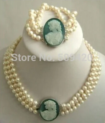 Бесплатная доставка&gt 3 нити 7 8 мм белый Akoya жемчуг Камея ожерелье