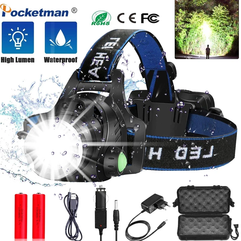 Most Bright Led Headlamp L2/T6 Waterproof Headlight Head Torch Flashlight Head lamp light by 18650 battery for Fishing Hunting