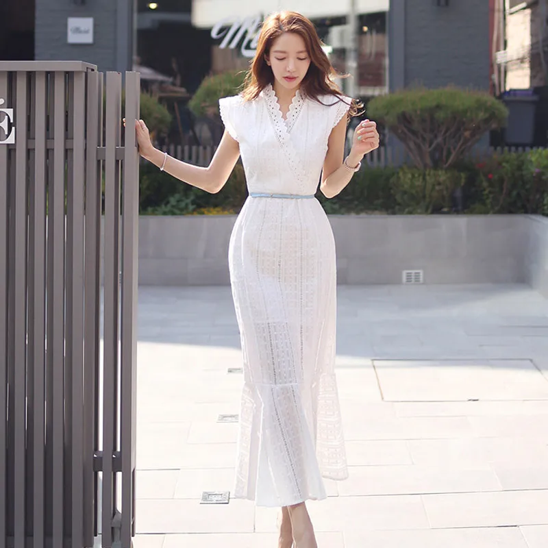 

Oufan 7585#2020 Summer Wear New Style Korean-style Elegant Lace V-neck Slim Fit Fishtail Long Skirts Fashion Sheath Even