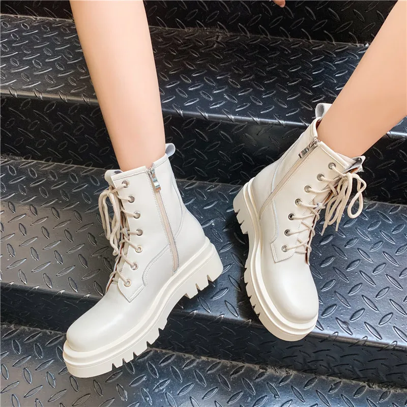 

ASUMER 2020 hot sale genuine leather flat platform shoes women ankle boots round toe lace up fashion casual shoes ladies