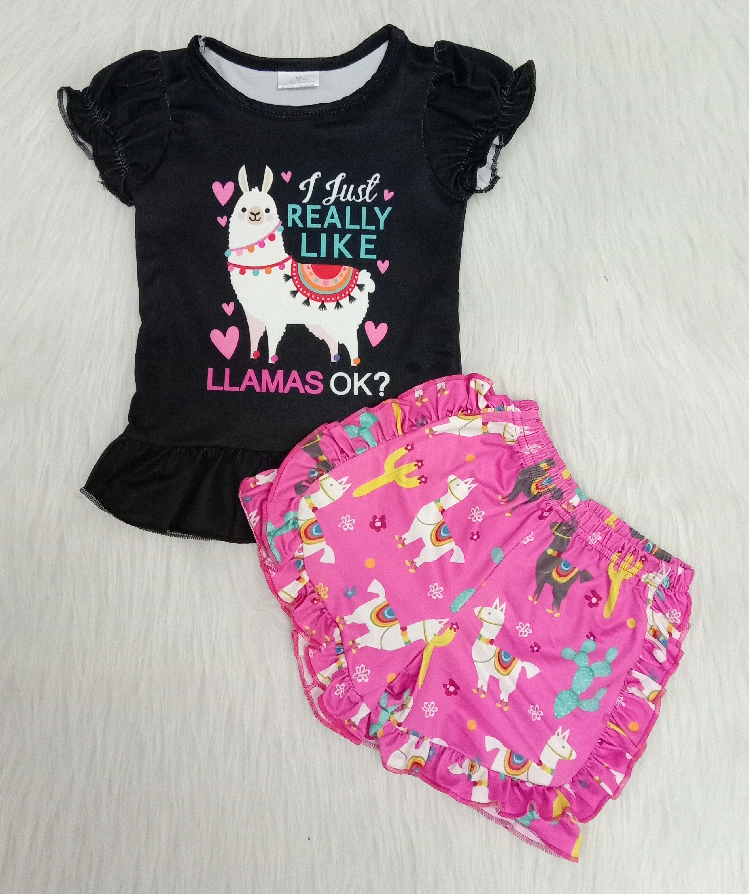 

2020 Hot Sale Summer Child Girl Cute Alpaca Print Black Top Pink Shorts